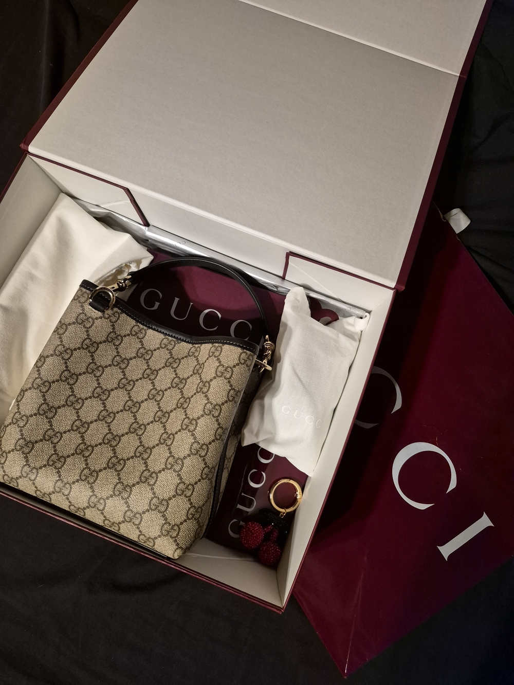 Gucci Beige GG Supreme Canvas Mini Shoulder Bag with Cherry Charm - Picture 6 of 7